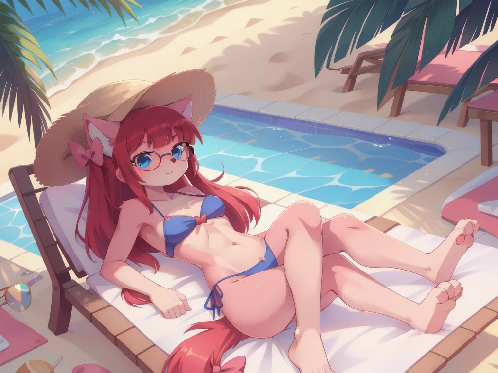 furry girl, cat, red hair, Knight bangs hairstyle, long ponytail, anime style, medium breasts, blue eyes, ((bright pink bikini Bandeau with bow in the center, side bows at the bottom, Sunglasses and wide-brimmed hat)), high quality, detailed body, detailed eyes, detailed face, masterpiece, glistening body, detailed body fur, best quality, two tone body, pink fur, clear pink fur, perfect lighting, perfect shadows, perfect eyes, perfect hair, perfect face, gorgeous body, skinny, :3, pool, clear sky, laying on beach chair, full body, feets with three toes, 3 toes,
