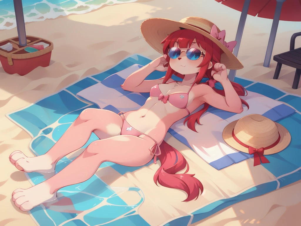 furry girl, cat, red hair, Knight bangs hairstyle, long ponytail, anime style, medium breasts, blue eyes, ((bright pink bikini Bandeau with bow in the center, side bows at the bottom, Sunglasses and wide-brimmed hat)), high quality, detailed body, detailed eyes, detailed face, masterpiece, glistening body, detailed body fur, best quality, two tone body, pink fur, clear pink fur, perfect lighting, perfect shadows, perfect eyes, perfect hair, perfect face, gorgeous body, skinny, :3, pool, clear sky, laying on beach chair, full body, feets with three toes, 3 toes,