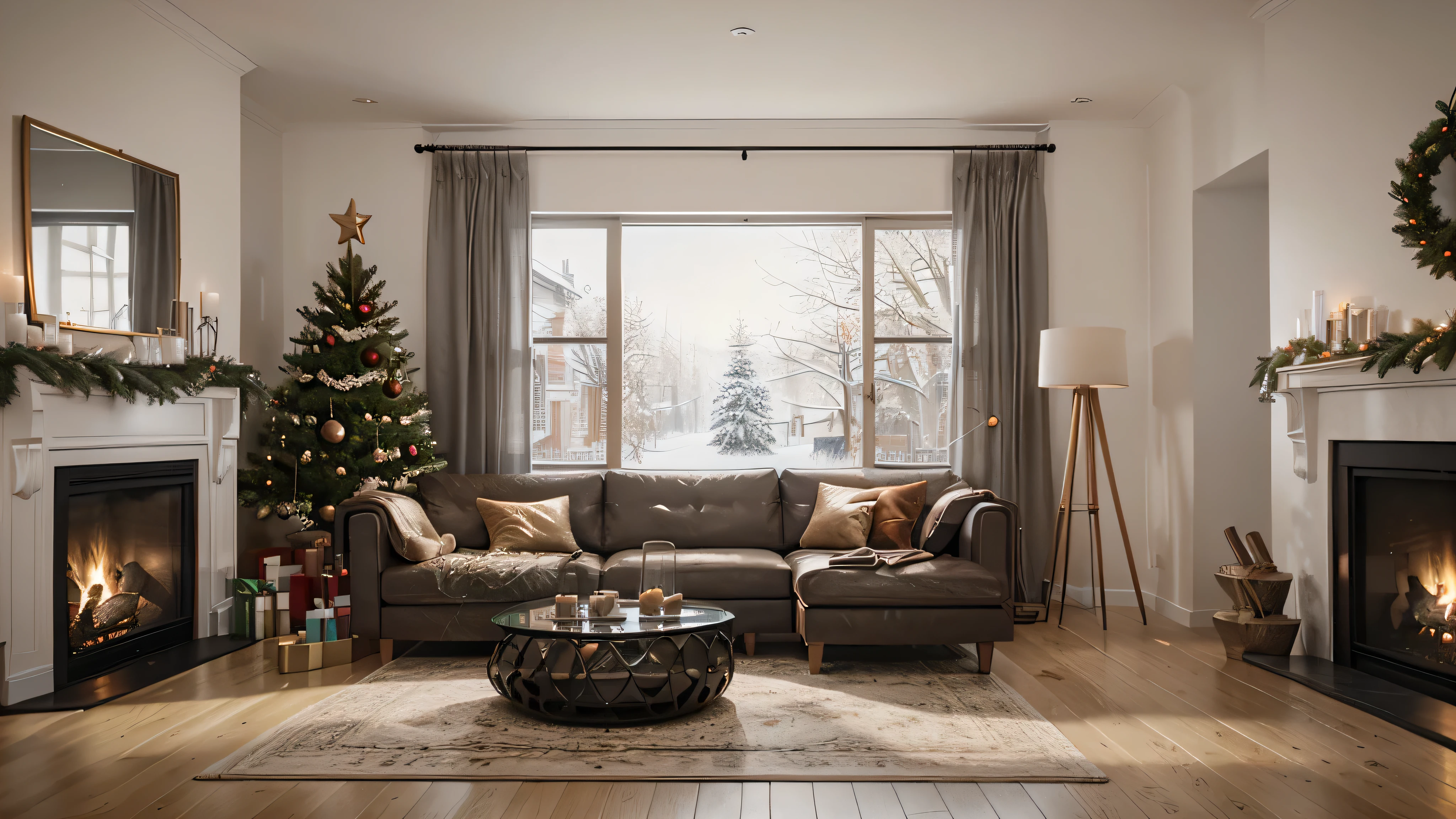Arav living room with fireplace and Christmas tree, Snow scene outside the floor-to-ceiling glass window,Detailed paintings inspired by Ernest William Christmas, Polycount competition winner, Surrealism, Comfortable and charming scene, Realistic rendering, Cozy living room interior, Comfortable atmosphere, Cozy living room, comfortable environment, Warm and beautiful scene, Photorealistic rendering with Unreal Engine, Realistic matte painting technology, Comfortable and peaceful atmosphere