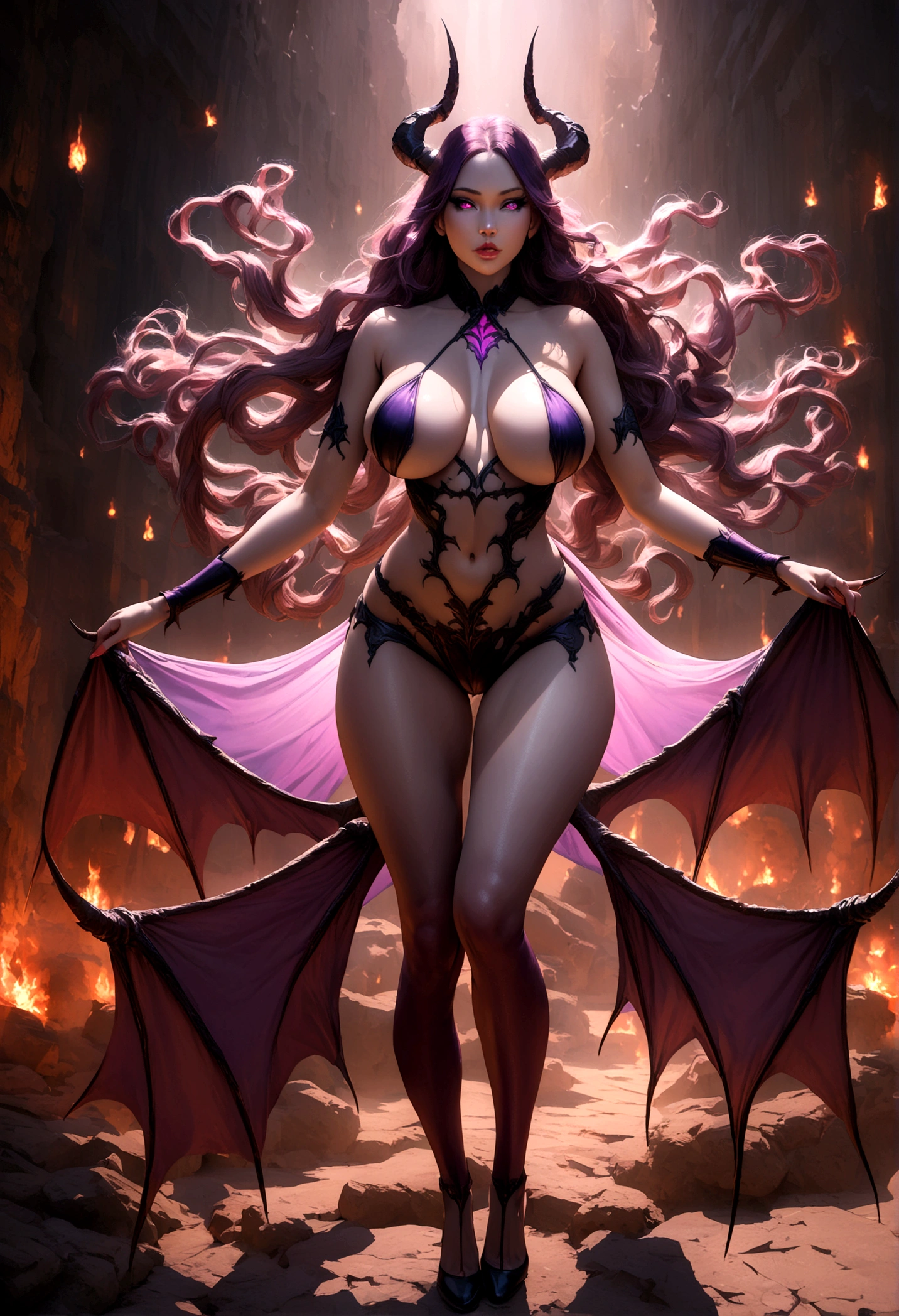 a sexy succubus, sensual lighting, realistic, sexy pose, full body, hell scene, 1girl, detailed eyes, detailed lips, long eyelashes, mesmerizing gaze, horns, wings, glowing skin, intricate demonic features, elegant curves, flowing hair, smoldering expression, photorealistic, cinematic lighting, dramatic shadows, deep red and purple hues, hellfire background, dark fantasy, highly detailed, 8k, masterpiece,goddess, big breast