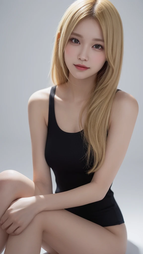 (((Blonde、White background)))、An innocent 18-year-old girl、((White tank top、Blonde、forehead、Dramatic Pose))、smile、Long Hair、White background、RAW Photos、(8K、Highest quality、masterpiece:1.2)、(Exquisite detail:1.4)、(Realistic:1.4)、Octane Rendering、Complex 3D rendering with ultra-detail、Studio Soft Light、Rim Light、Sharp details、Very detailed、Realistic skin texture、detailed aspects、Beautiful details、Very detailed CG Unity 16k 壁紙、Compensate、(Detailed Background:1.2)、Shiny skin、((Sit with your legs apart、Top-down angle))