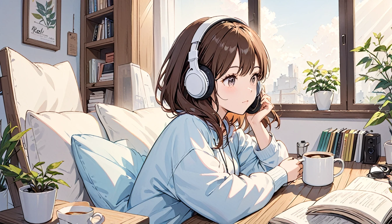 Girl wearing headphones,Drinking coffee from a mug while listening to jazz music,Brown Hair,relax
