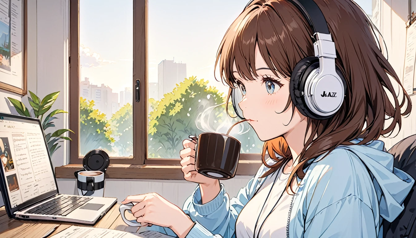 Girl wearing headphones,Drinking coffee from a mug while listening to jazz music,Brown Hair,relax