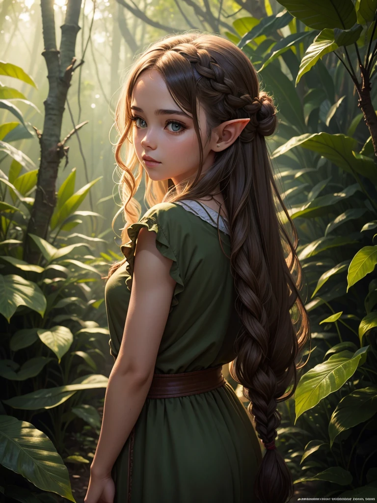 looking back elf girl portrait, curly two braid long hair, in a jungle, wearing elf dress, 8k, RAW photo, best quality, masterpiece, high detail RAW color photo, dramatic lighting, cinematic lighting, back light, professional lighting