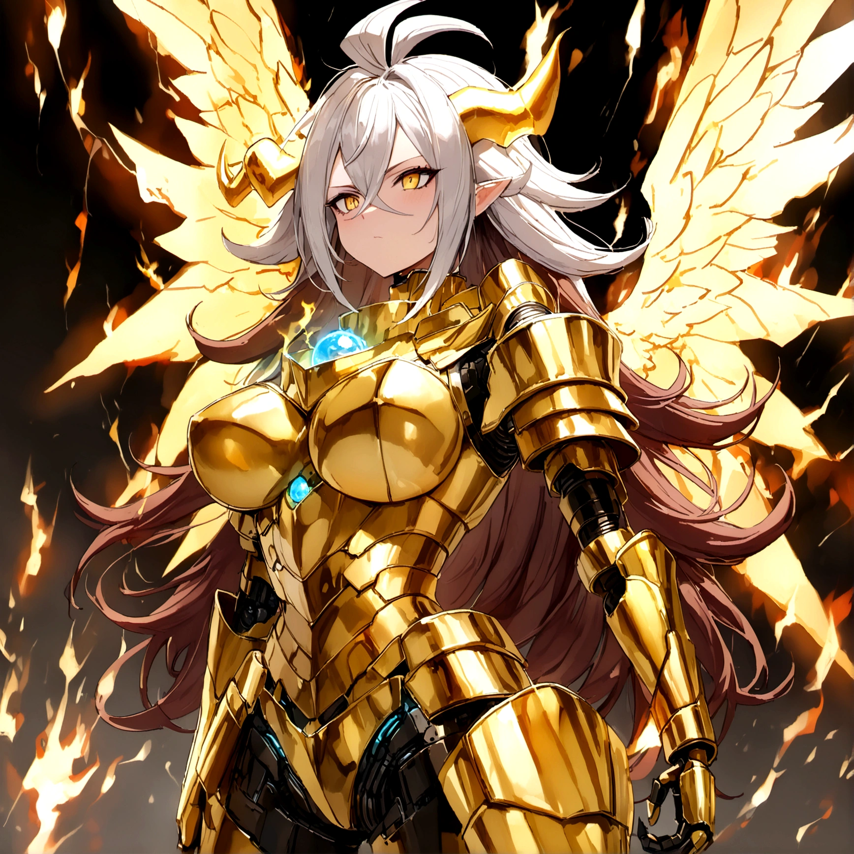 ((Lightning Power)), ((Electricity)), ((Fire Background)), ((Lightning Storm)), ((Power Erupting)), (((((android 21))))), ((((SUN Rasengan)))), (((Evil Power))), (((white Coat))), (((Busty))), (((((Big breast:1,3)))), luxury bustier corset, (((silver hair))), (((Very slim waist))), propotional body, ((Gorgeous)), (((Fire Blazing Horns))), ((((gold wings))), masterpiece, hyperdetail, ambient effect, digital effect, (((Fire Gold Armor))), (((Lightning Gold Wings)))