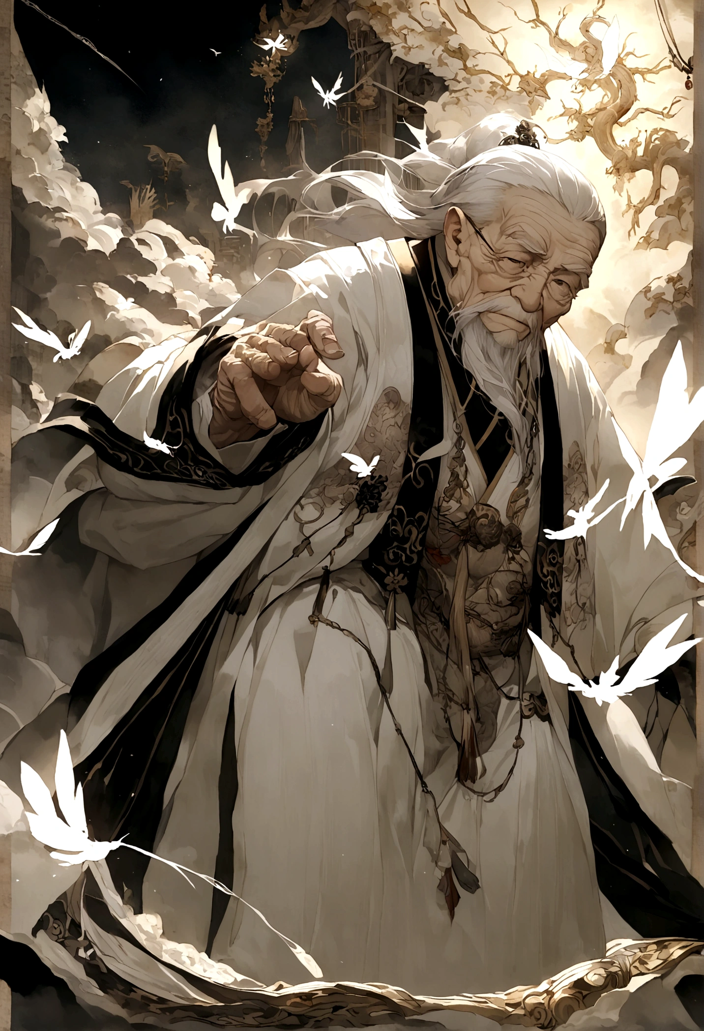 Chinese style，Immortal World，Xianxia World,((Very old man,wrinkle))，Fairy air，Fly in the air，White clothes，White hair，Crane，Luminescence