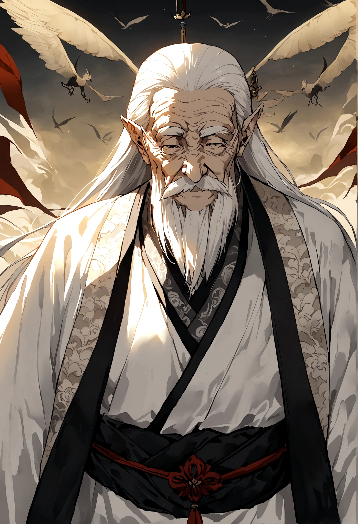 Chinese style,Immortal World,Xianxia World,((Very old man,wrinkle)),Fairy air,Fly in the air,White clothes,White hair,Crane,Luminescence