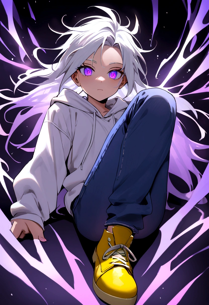 Youngh, 17 yr old, with messy white hair, white sweatshirt. blue jeans , yellow shoe, purples eyes, purple psychic powers