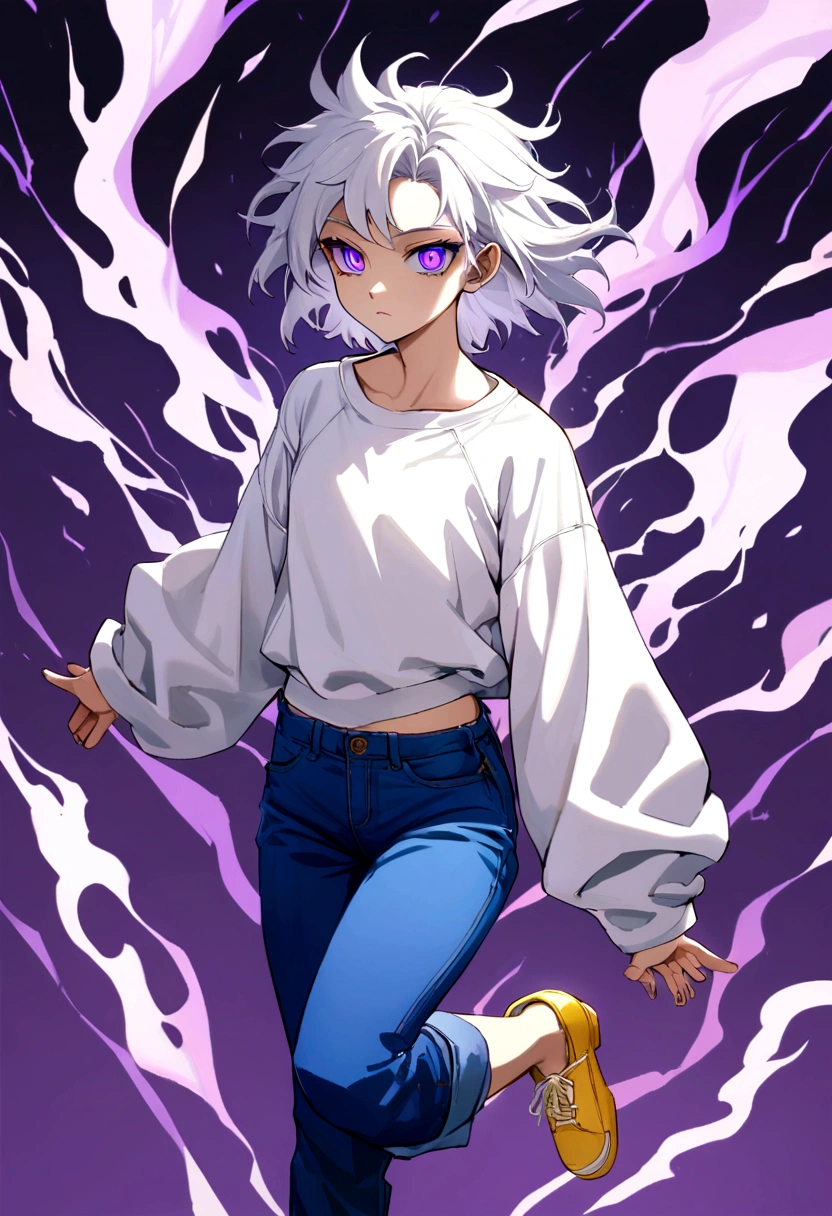 Youngh, 17 yr old, with messy white hair, white sweatshirt. blue jeans , yellow shoe, purples eyes, purple psychic powers