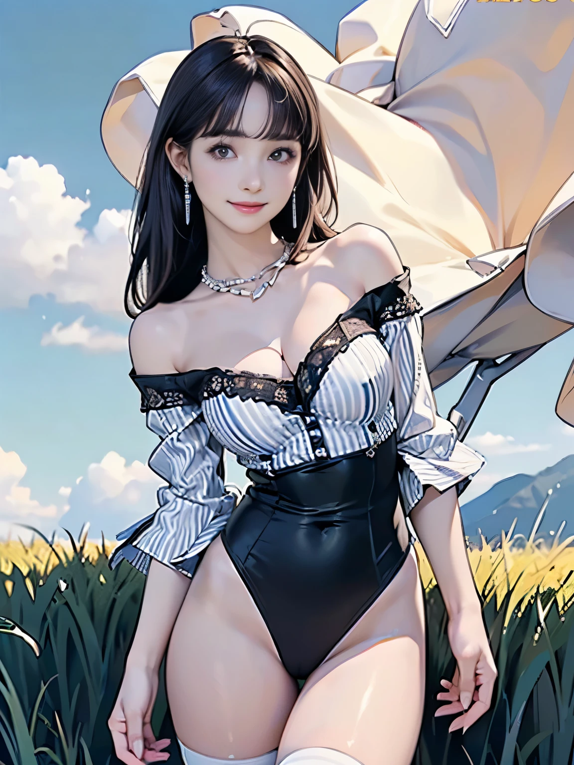 ((((Highest quality))))、(((Ultra-precision CG16K wallpaper)))、(((masterpiece)))、(((Super detailed)))、(((Extreme detail)))、((１Mature 29 year old woman:1.6))、((Very beautiful Japan face of a person))、((Urizane Face:1.8))、((Medium Straight Hair、blunt bangs:1.8))、(Shiny Hair)、A delicately drawn beautiful face、Dark Eyes、double eyelid、High nose、Small nostrils、Small Mouth、 lips、Beautiful 、((C cup size ))、、Beautiful feet、eight-headed body、Perfect proportions、Perfect 、Perfect composition、Beautiful detailed shading、Beautiful, natural lighting、Beautiful detail glow、Depth of written boundary、(((High chroma)))、(((Real:1.9)))、((vivid:1.5))、((Beautiful Skin))、((Skin Texture))、((Realな皮膚感))、(((Cowboy Shot:1.6)))、((front view、shoot from front、front low angle:1.6))、(((smile:1.6)))、((The woman is looking at this、looking at viewer:1.6))、Bright daylight、Natural light、(((Grass Square、Sky and Clouds:1.5)))、(Fashion model standing pose:1.6)、(((White and blue striped off-shoulder lace leotard:1.6)))、((hair band、necklace、Wearing earrings:1.5))、((Lace Stockings Clothed:1.5))、
