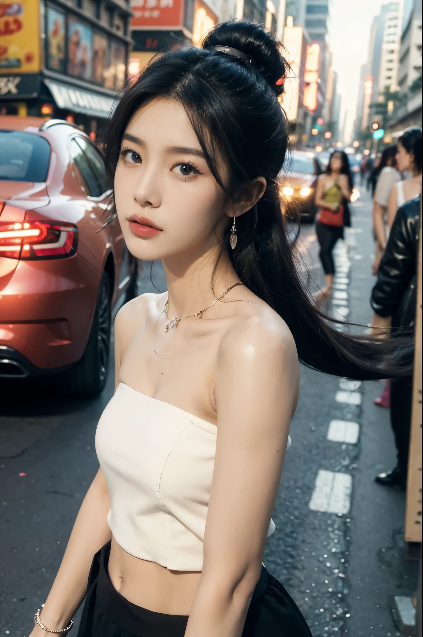 (((best quality))),(((ultra detailed))),(((masterpiece))),illustration,1girl,slim,sun-kissed skin,strapless vibrant rose-pink ,short ponytail,flat chest,standing, bustling city streets, honking cars,surrounded by crowded crowds, colorful advertisements,grilled skewers,enjoying sights and sounds,(dark black skin:1.5),day scene,close-up of face