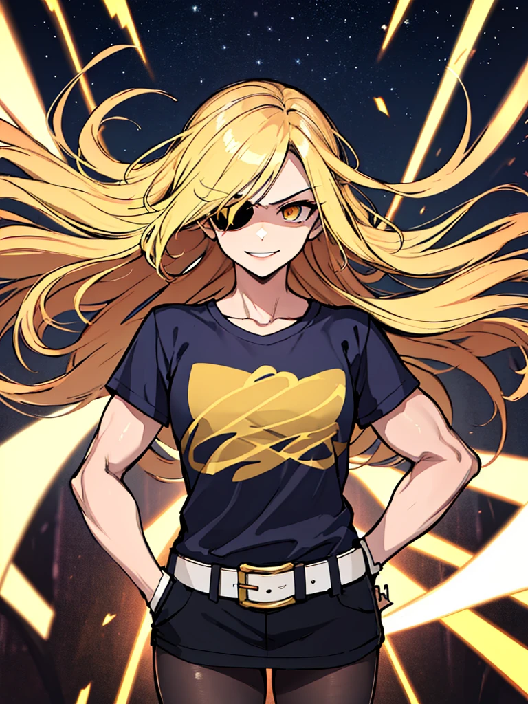 (absurdres, 8k, 4k, masterpiece, hyper extreme detailed:1.2), (masterpiece), best quality, expressive eyes, highres, perfect eyes, 1girl, perfect face, perfect hands, standing, belt, 1girl, blonde hair, eyepatch, perfect anatomy, eyepatch, long hair, platinum blonde hair, muscular, toned body, strong, empty eyes, blank stare, crazy face, crazy eyes, crazy smile, gloves, graphic t- shirt, small, golden eyes, deadpan, expressionless, shaded face, messy hair, crazy hair, city background, heroic, half body, cowboy shot, night time, stars, night sky, hand on head, hands in pockets, wind, windy, pantyhose, covered abdomen