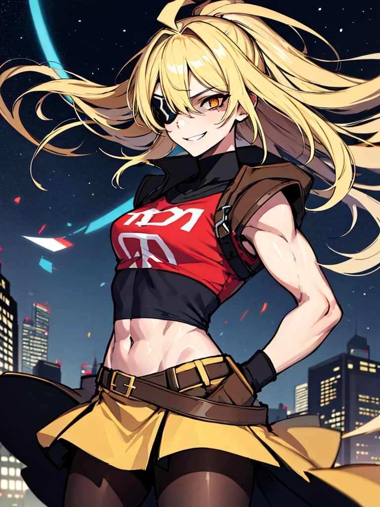 (absurdres, 8k, 4k, masterpiece, hyper extreme detailed:1.2), (masterpiece), best quality, expressive eyes, highres, perfect eyes, 1girl, perfect face, perfect hands, standing, belt, 1girl, blonde hair, eyepatch, perfect anatomy, eyepatch, long hair, platinum blonde hair, muscular, toned body, strong, empty eyes, blank stare, crazy face, crazy eyes, crazy smile, gloves, graphic t- shirt, small, golden eyes, deadpan, expressionless, shaded face, messy hair, crazy hair, city background, heroic, half body, cowboy shot, night time, stars, night sky, hand on head, hands in pockets, wind, windy, pantyhose, covered abdomen
