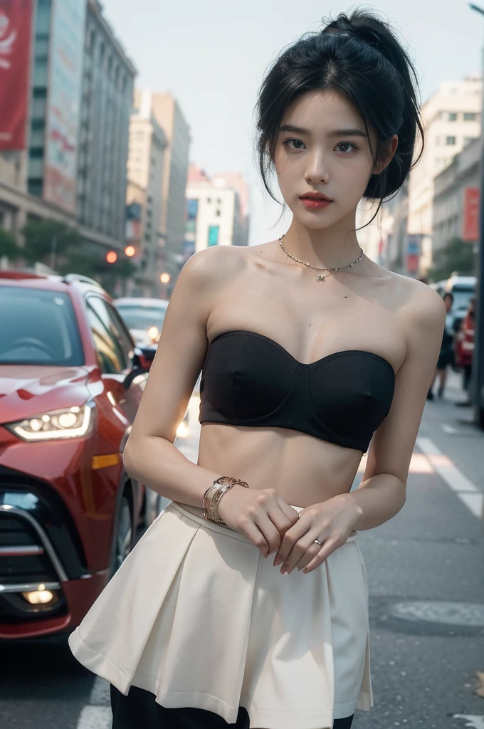 (((best quality))),(((ultra detailed))),(((masterpiece))),illustration,1girl,slim,sun-kissed skin,strapless vibrant rose-pink ,short ponytail,flat ,standing, bustling city streets, honking cars,surrounded by crowded crowds, colorful advertisements,grilled skewers,enjoying sights and sounds,(dark black skin:1.5),day scene,close-up of face