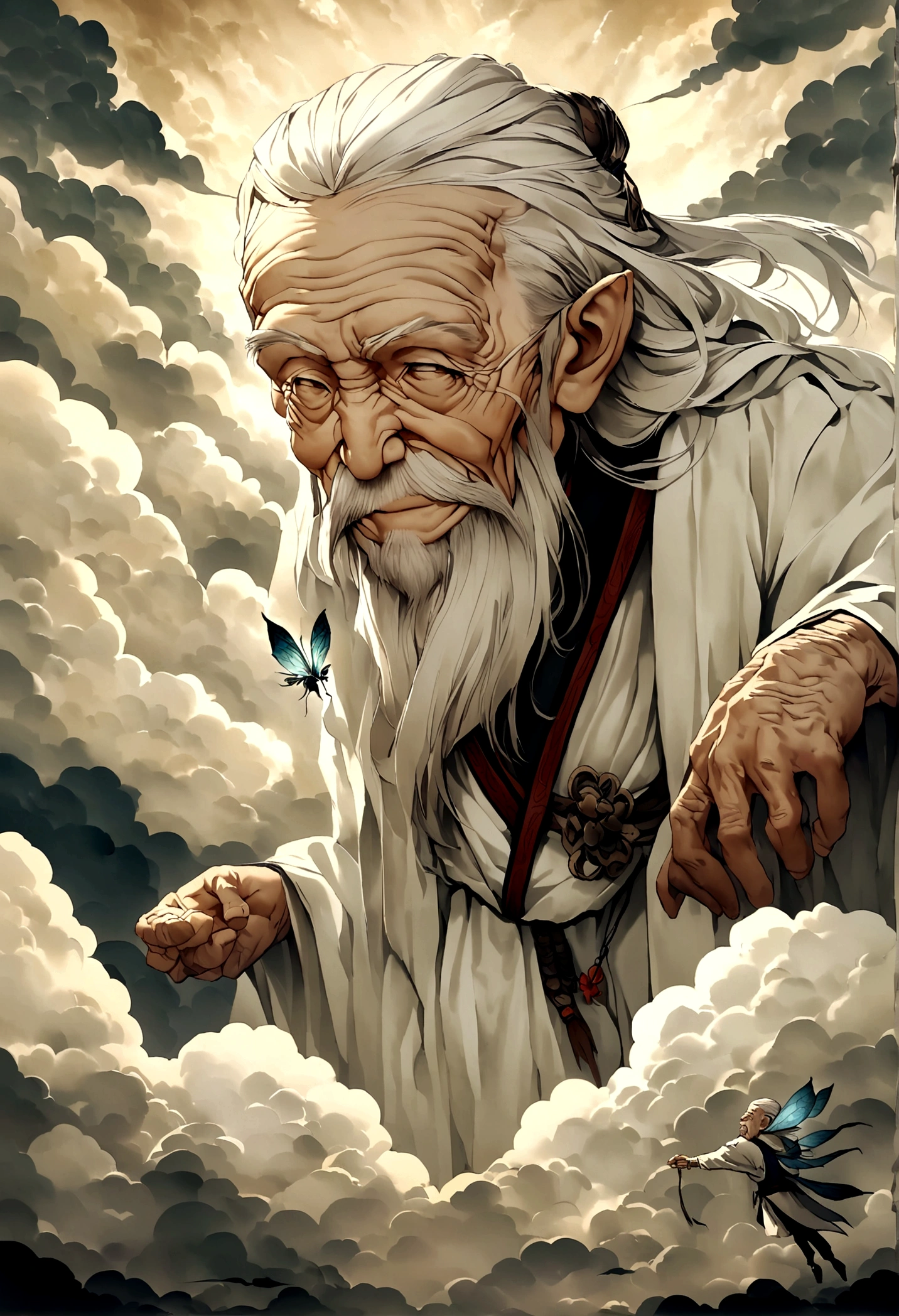 Chinese style，Immortal World，Xianxia World,((Very old man,wrinkle))，Fairy air，Fly in the air，White clothes，White hair，Clouds，Luminescence