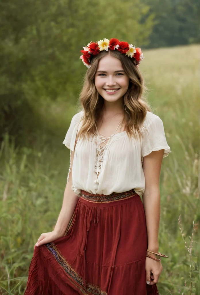 Foto hiperrealista en primer plano de Willa Fitzgerald, dressed in red peasant blouse paired with red long skirt and fringe accessories. She wears a headband or flower crown in her long, flowing hair. The setting is a bohemian-inspired outdoor music festival or a peaceful nature backdrop, capturing the free-spirited and laid-back vibe of the era 60Retro69Punch75, , beautiful woman, skinny, small breasts, straight brown hair, detailed face, smile, photo taken from a distance, age 20 tears old