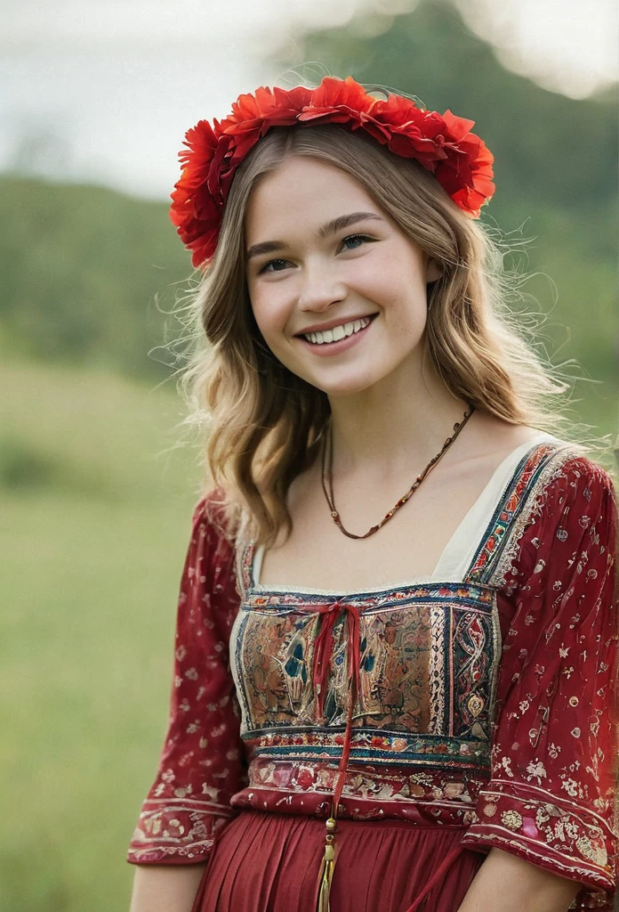 Foto hiperrealista en primer plano de Willa Fitzgerald, dressed in red peasant blouse paired with red long skirt and fringe accessories. She wears a headband or flower crown in her long, flowing hair. The setting is a bohemian-inspired outdoor music festival or a peaceful nature backdrop, capturing the free-spirited and laid-back vibe of the era 60Retro69Punch75, , beautiful woman, skinny, small breasts, straight brown hair, detailed face, smile, photo taken from a distance, age 20 tears old
