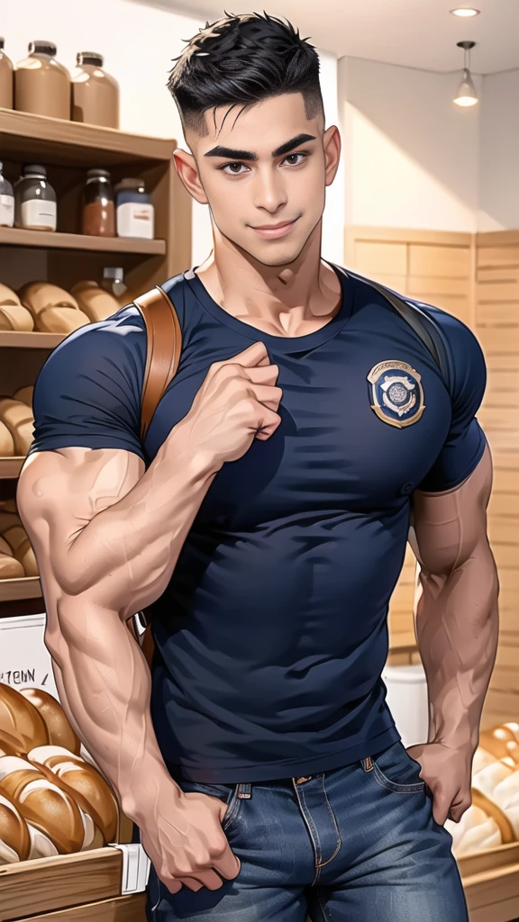 1 man,(Skinheads hairstyles) ,black eye,(Wear a fitted round neck t-shirt in navy with a police badge.:1.3),(fit neck),Navy blue jeans,(black_gloves), Korean guy,chest muscles,large arm muscles,blood vessel,Big muscles,Broad shoulders,(Carrying a black backpack:1.3),(sunglasses:1.1), smile, middle of the road,(full_shot:1.6),(In the bread shop:1.2),