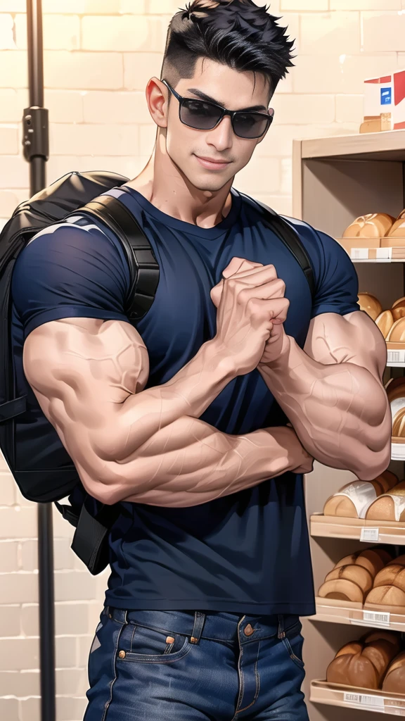 1 man,(Skinheads hairstyles) ,black eye,(Wear a fitted round neck t-shirt in navy with a police badge.:1.3),(fit neck),Navy blue jeans,(black_gloves), Korean guy,chest muscles,large arm muscles,blood vessel,Big muscles,Broad shoulders,(Carrying a black backpack:1.3),(sunglasses:1.1), smile, middle of the road,(full_shot:1.6),(In the bread shop:1.2),