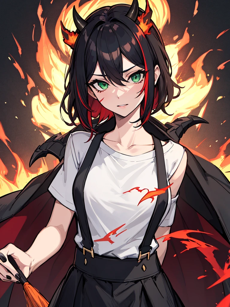 absurdres, 8k, 4k, masterpiece, hyper extreme detailed:1.2), solo, 1girl, front view, perfect face, 1girl, portrait, expressive eyes, looking at viewer, solo, green eyes, standing, mature female, medium chest, pale, long black hair, groan, casual wear, adult, looking forward, front view, black horns, confident, cautious, rational, messy hair, wind, windy, moving hair, moving clothes, swept bangs, front view, unyielding, mature body, tomboy, dragon tail, adult, black nails, wild hair, velvet crowe, scars, fatigue, Black Draconic Horns, Dragon Horns, Dragon Tail, fire, long skirt, graphic t-shirt, exposed shoulder, suspenders, velvet crowe, velvet-outfit, red hair gradients, fiery, flames, burning,
