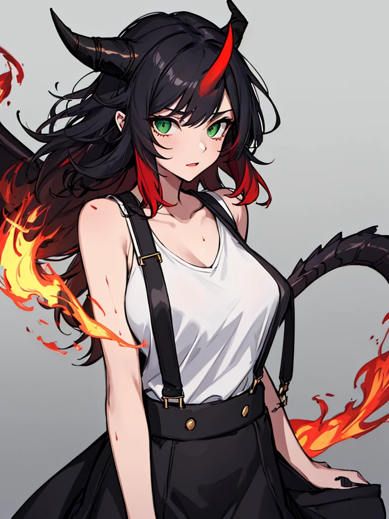 absurdres, 8k, 4k, masterpiece, hyper extreme detailed:1.2), solo, 1girl, front view, perfect face, 1girl, portrait, expressive eyes, looking at viewer, solo, green eyes, standing, mature female, medium chest, pale, long black hair, groan, casual wear, adult, looking forward, front view, black horns, confident, cautious, rational, messy hair, wind, windy, moving hair, moving clothes, swept bangs, front view, unyielding, mature body, tomboy, dragon tail, adult, black nails, wild hair, velvet crowe, scars, fatigue, Black Draconic Horns, Dragon Horns, Dragon Tail, fire, long skirt, graphic t-shirt, exposed shoulder, suspenders, velvet crowe, velvet-outfit, red hair gradients, fiery, flames, burning,
