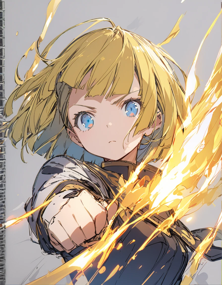 A girl fighting with golden flames(Sketches), (Open Close), (Small body), (Blonde:1.5) (Short Bob Hair:1.4), (Blue eyes)(Blunt bangs:1.3)
