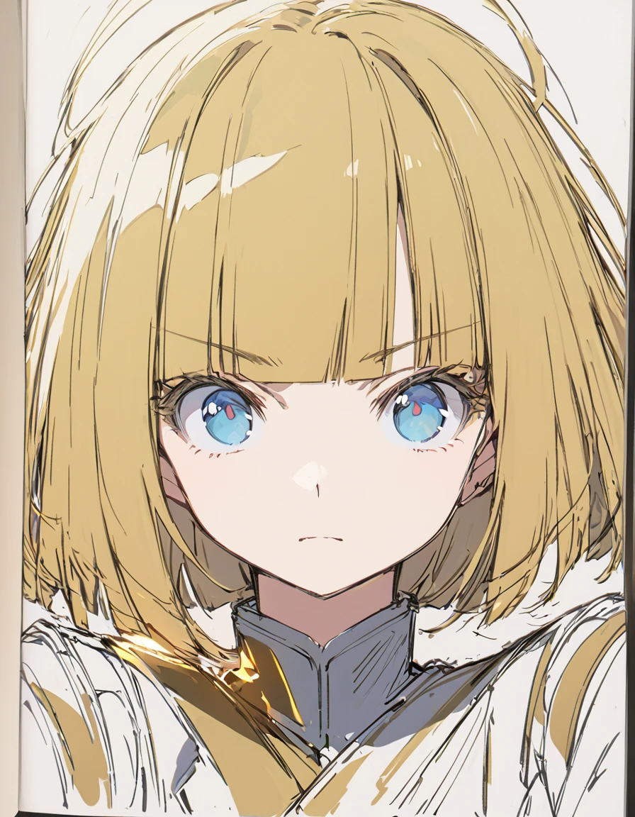 A girl fighting with golden flames(Sketches), (Open Close), (Small body), (Blonde:1.5) (Short Bob Hair:1.4), (Blue eyes)(Blunt bangs:1.3)