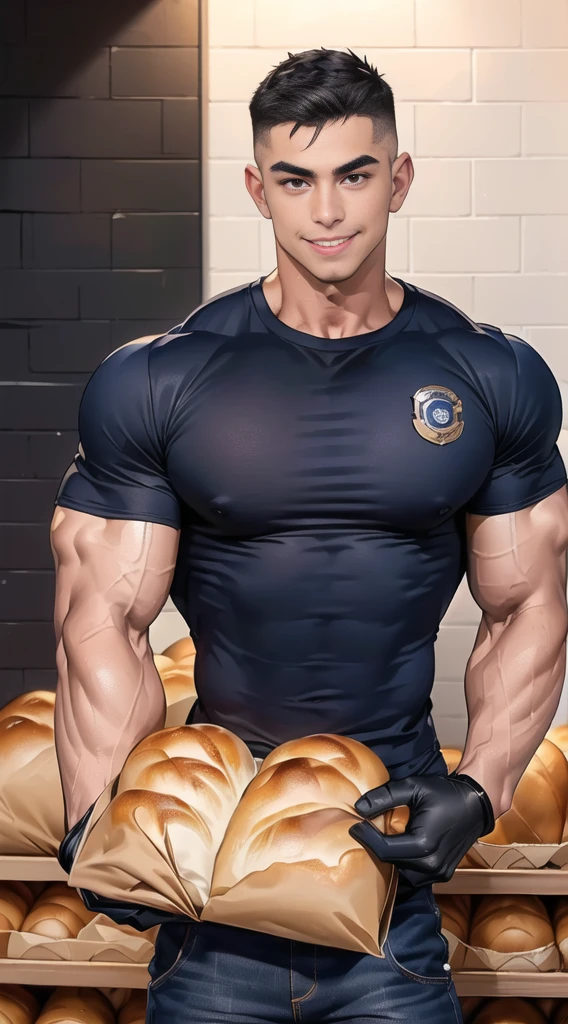1 man,(Skinheads hairstyles) ,black eye,(Wear a fitted round neck t-shirt in navy with a police badge.:1.3),(fit neck),Navy blue jeans,(black_gloves), Korean guy,chest muscles,large arm muscles,blood vessel,Big muscles,Broad shoulders, smile, middle of the road,(full_shot:1.6),(In the bread shop:1.2),