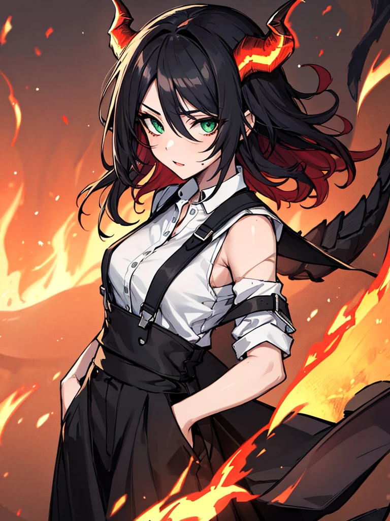 absurdres, 8k, 4k, masterpiece, hyper extreme detailed:1.2), solo, 1girl, front view, perfect face, 1girl, portrait, expressive eyes, looking at viewer, solo, green eyes, standing, mature female, , pale, long black hair, groan, casual wear, adult, looking forward, front view, black horns, confident, cautious, rational, messy hair, wind, windy, moving hair, moving clothes, swept bangs, front view, unyielding, mature body, tomboy, dragon tail, adult, black nails, wild hair, velvet crowe, scars, fatigue, Black Demonic Horns, Dragon Horns, Dragon Tail, fire, long skirt, hands in pockets, white shirt black letters, exposed shoulder, shoulder strap, suspenders, velvet crowe, velvet-outfit, red hair gradients, village background, fiery, flames, burning,