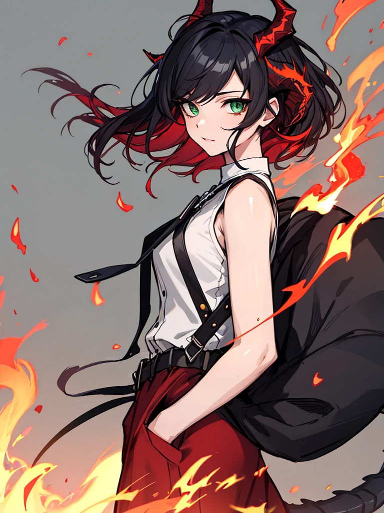 absurdres, 8k, 4k, masterpiece, hyper extreme detailed:1.2), solo, 1girl, front view, perfect face, 1girl, portrait, expressive eyes, looking at viewer, solo, green eyes, standing, mature female, , pale, long black hair, groan, casual wear, adult, looking forward, front view, black horns, confident, cautious, rational, messy hair, wind, windy, moving hair, moving clothes, swept bangs, front view, unyielding, mature body, tomboy, dragon tail, adult, black nails, wild hair, velvet crowe, scars, fatigue, Black Demonic Horns, Dragon Horns, Dragon Tail, fire, long skirt, hands in pockets, white shirt black letters, exposed shoulder, shoulder strap, suspenders, velvet crowe, velvet-outfit, red hair gradients, village background, fiery, flames, burning,
