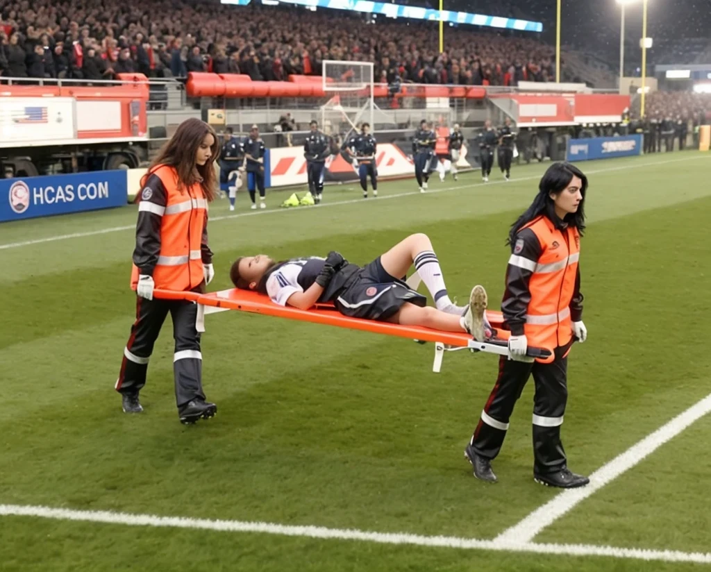 There is a man lying on a stretcher with his hands crossed over his face, a man in a t-shirt and sports shorts has crossed his hands over his face, the man has an agonised face under his hands, two longhaired and ponytailed women that are wearing very shiny coats, there are longhaired women wearing laquered puffy coats, longhaired women are walking in wetlook puffy coats, several women walking around a football field with an injured athlete on a stretcher, the injured athlete on the stretcher covers his face with both hands, the women look very worried, behind the women there is a frightening atmosphere, there is heavy rainfall in the background, video still, behind the scenes, Malika Favre, screenshot, footage, 4 0 9 6, cover photo, aesthetic shot, dramatic mood, intense scene, Making of, Mongezi Ncaphayi, Thriller atmosphere, Filming, Edited