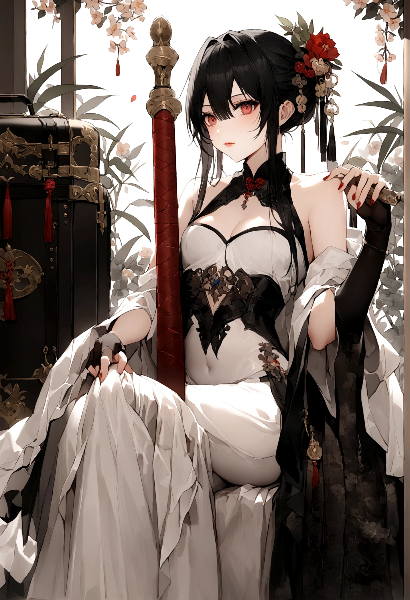 (masterpiece, best quality: 1.2), traditional Chinese ink painting, A cute 18 year old female with medium breasts, sexy white lace , Oversized dress :1.5, Couch, Ultra-detailed face, Detailed eyes, Double eyelid, sfw , long dress, Coy Smile