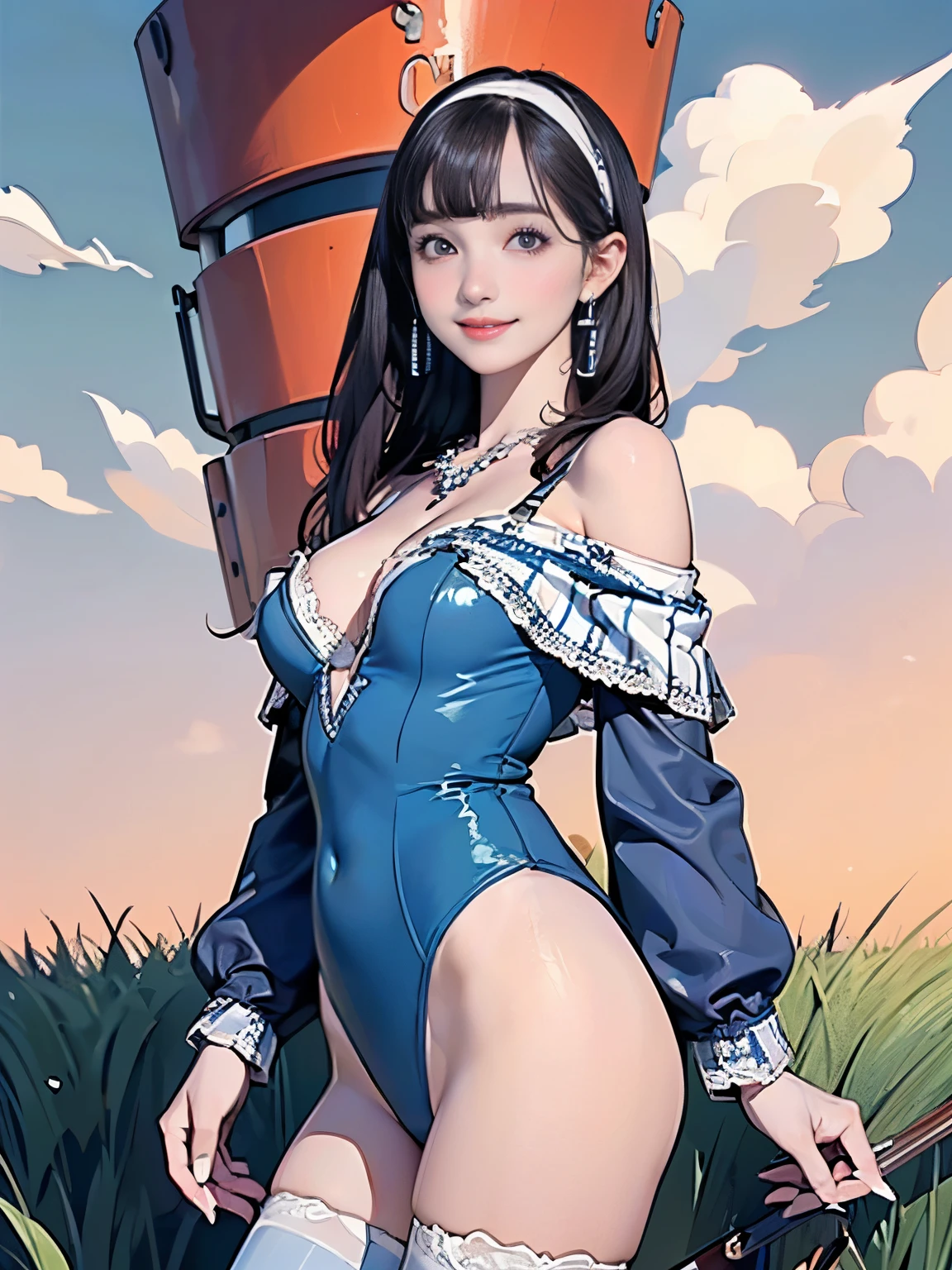 ((((Highest quality))))、(((Ultra-precision CG16K wallpaper)))、(((masterpiece)))、(((Super detailed)))、(((Extreme detail)))、((１Mature 29 year old woman:1.6))、((Very beautiful Japan face of a person))、((Urizane Face:1.8))、((Medium Straight Hair、blunt bangs:1.8))、(Shiny Hair)、A delicately drawn beautiful face、Dark Eyes、double eyelid、High nose、Small nostrils、Small Mouth、Seductive lips、Beautiful breasts、((C cup size breasts))、Cleavage、Beautiful feet、eight-headed body、Perfect proportions、Perfect Anatomy、Perfect composition、Beautiful detailed shading、Beautiful, natural lighting、Beautiful detail glow、Depth of written boundary、(((High chroma)))、(((Real:1.9)))、((vivid:1.5))、((Beautiful Skin))、((Skin Texture))、((Realな皮膚感))、(((Cowboy Shot:1.6)))、((front view、shoot from front、front low angle:1.6))、(((smile:1.6)))、((The woman is looking at this、looking at viewer:1.6))、Bright daylight、Natural light、(((Grass Square、Sky and Clouds:1.5)))、(Fashion model standing pose:1.6)、(((White and blue striped off-shoulder lace leotard:1.6)))、((hair band、necklace、Wearing earrings:1.5))、((Lace Stockings Clothed:1.5))、