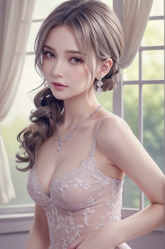 purple lace &Good, (((Very elegant and beautiful, Perfect detail, Super detailed))), whole body, The most detailed girl, Depth of written boundary, 美しく詳細なwhole body, Thin legs, 1 girl, 30 years old, Very short hair, Spiked Hair, Gray and silver hair, Beautiful detailed hair, Perfect Face, Expressionless, Beautifully detailed deep eyes, Open your mouth a little, Delicate arms and hands, Pale skin, Earrings, Beautiful and gorgeous necklace, Colorful background, HD background, Blurred Background, Very delicate and beautiful, Masterpiece, (((Highest quality, Very beautiful 8K CG wallpaper))), (((Trendy hairstyles))), (Inside the room,Stylish interior,window),