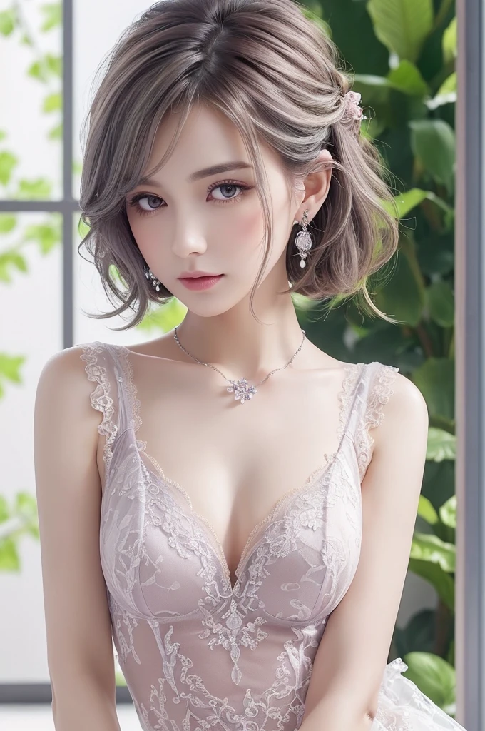 purple lace thong&Good, (((Very elegant and beautiful, Perfect detail, Super detailed))), whole body, The most detailed girl, Depth of written boundary, 美しく詳細なwhole body, Thin legs, 1 girl, 30 years old, Very short hair, Spiked Hair, Gray and silver hair, Beautiful detailed hair, Perfect Face, Expressionless, Beautifully detailed deep eyes, Open your mouth a little, Delicate arms and hands, Pale skin, Earrings, Beautiful and gorgeous necklace, Colorful background, HD background, Blurred Background, Very delicate and beautiful, Masterpiece, (((Highest quality, Very beautiful 8K CG wallpaper))), (((Trendy hairstyles))), (Inside the room,Stylish interior,window),