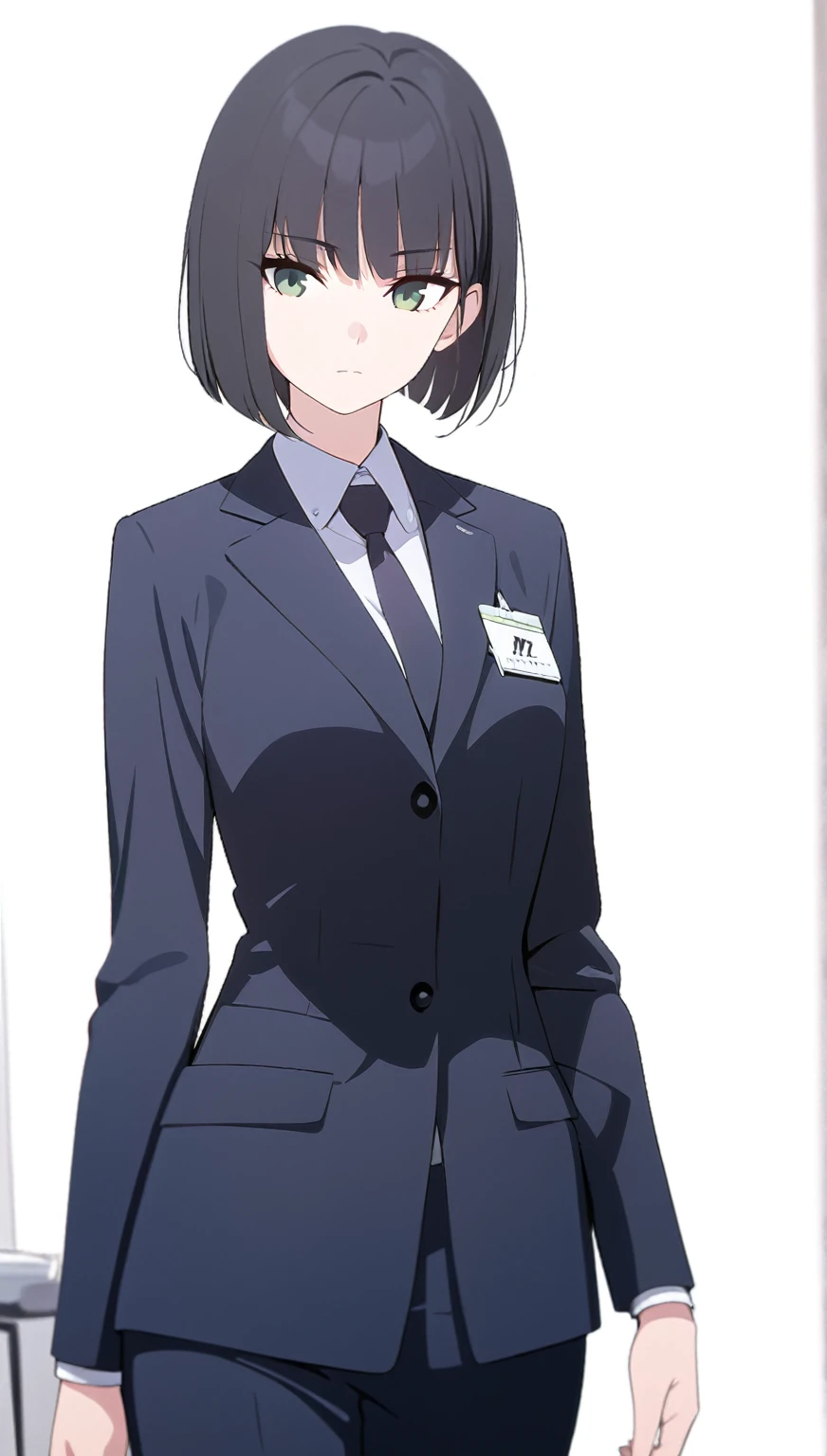 (masterpiece, high quality, best quality, highres,) One Woman, young, black hair, bob cut, Green Eyes, Athletic build, expressionless, closed mouth, office staff suit, Simple white background, standing, cowboy shot, (from the front)