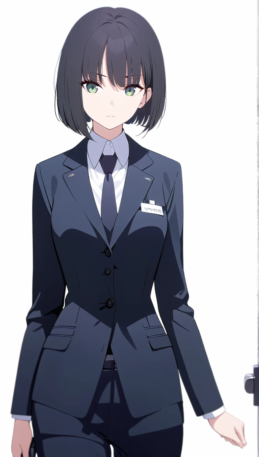(masterpiece, high quality, best quality, highres,) One Woman, young, black hair, bob cut, Green Eyes, Athletic build, expressionless, closed mouth, office staff suit, Simple white background, standing, cowboy shot, (from the front)