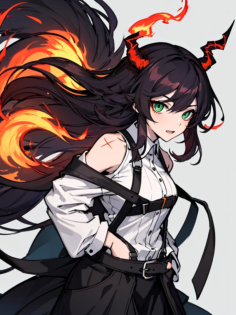 absurdres, 8k, 4k, masterpiece, hyper extreme detailed:1.2), solo, 1girl, front view, perfect face, 1girl, portrait, expressive eyes, looking at viewer, solo, green eyes, standing, mature female, , pale, long black hair, groan, casual wear, adult, looking forward, front view, black horns, confident, cautious, rational, messy hair, wind, windy, moving hair, moving clothes, swept bangs, front view, unyielding, mature body, tomboy, dragon tail, adult, black nails, wild hair, velvet crowe, scars, fatigue, Black Demonic Horns, Dragon Horns, Dragon Tail, fire, long skirt, hands in pockets, white shirt black letters, exposed shoulder, shoulder strap, suspenders, velvet crowe, velvet-outfit, red hair gradients, village background, fiery, flames, burning,