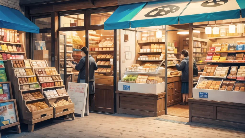 In front of the shop, bread, glasses of milk, various snacks on the table. ,Wide angle, many people