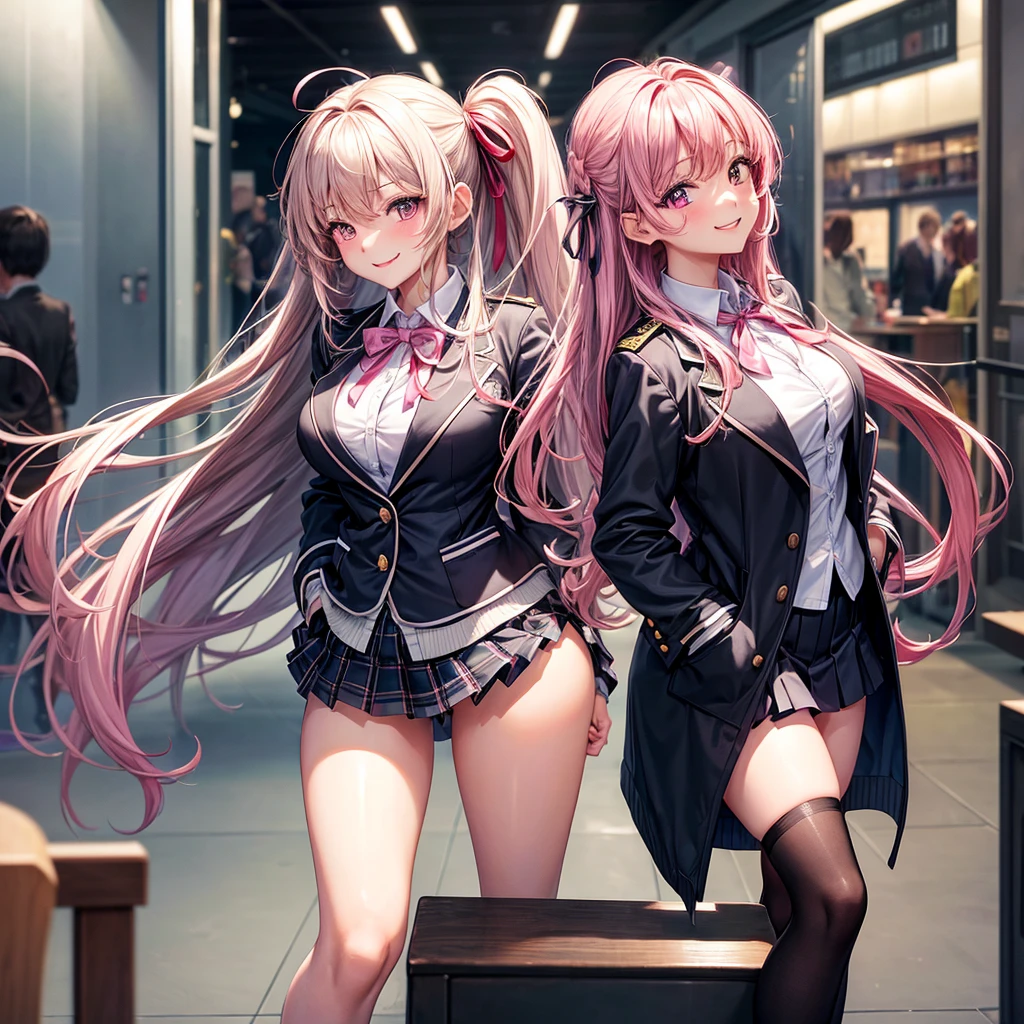 best quality,8K,smile,blazer,ribbon on uniform,mini skirt,high school girl,multiple girls are depicted,Harem,idol group,photo shoot,long hair,wearing a cardigan,highest quality,big breasts,happy girl,horny girl,pink eyes,perfect face,standing position,I have my hands in my pockets,letting down one's bangs,beautiful eyes,gym,girls hugging each other,smooth hair,multicolored hair colors,naughty girl,beautiful girl,beautiful girl,loose socks