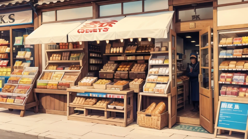 In front of the shop, bread, glasses of milk, various snacks on the table. ,Wide angle, many people