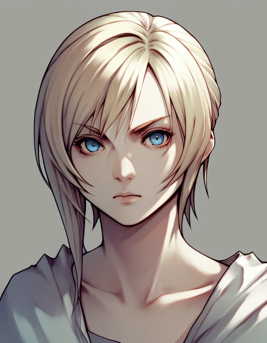 Aya Brea, video game character, shoulder-length blonde short hair with side bangs. The character's eyes are blue, giving her a sharp and focused gaze. No shadows
