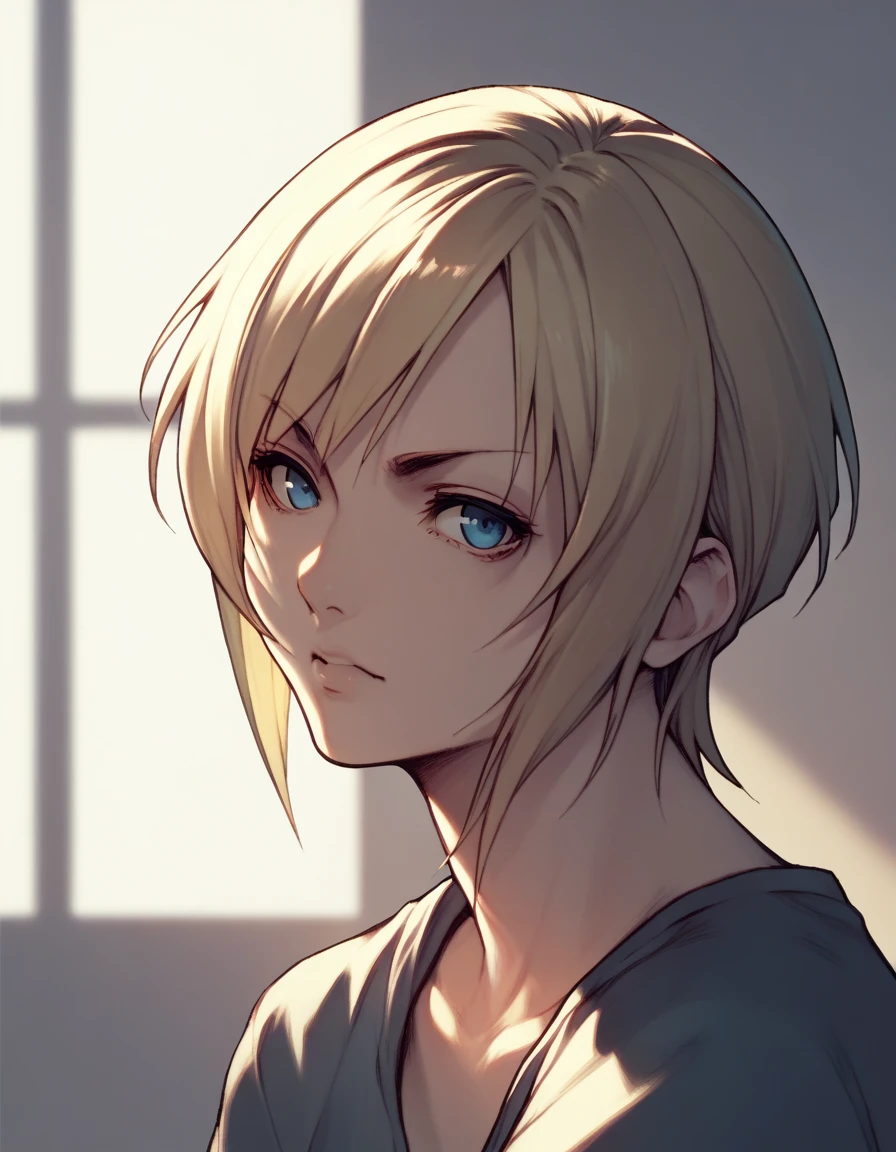 Aya Brea, video game character, shoulder-length blonde short hair with side bangs. The character's eyes are blue, giving her a sharp and focused gaze. No shadows
