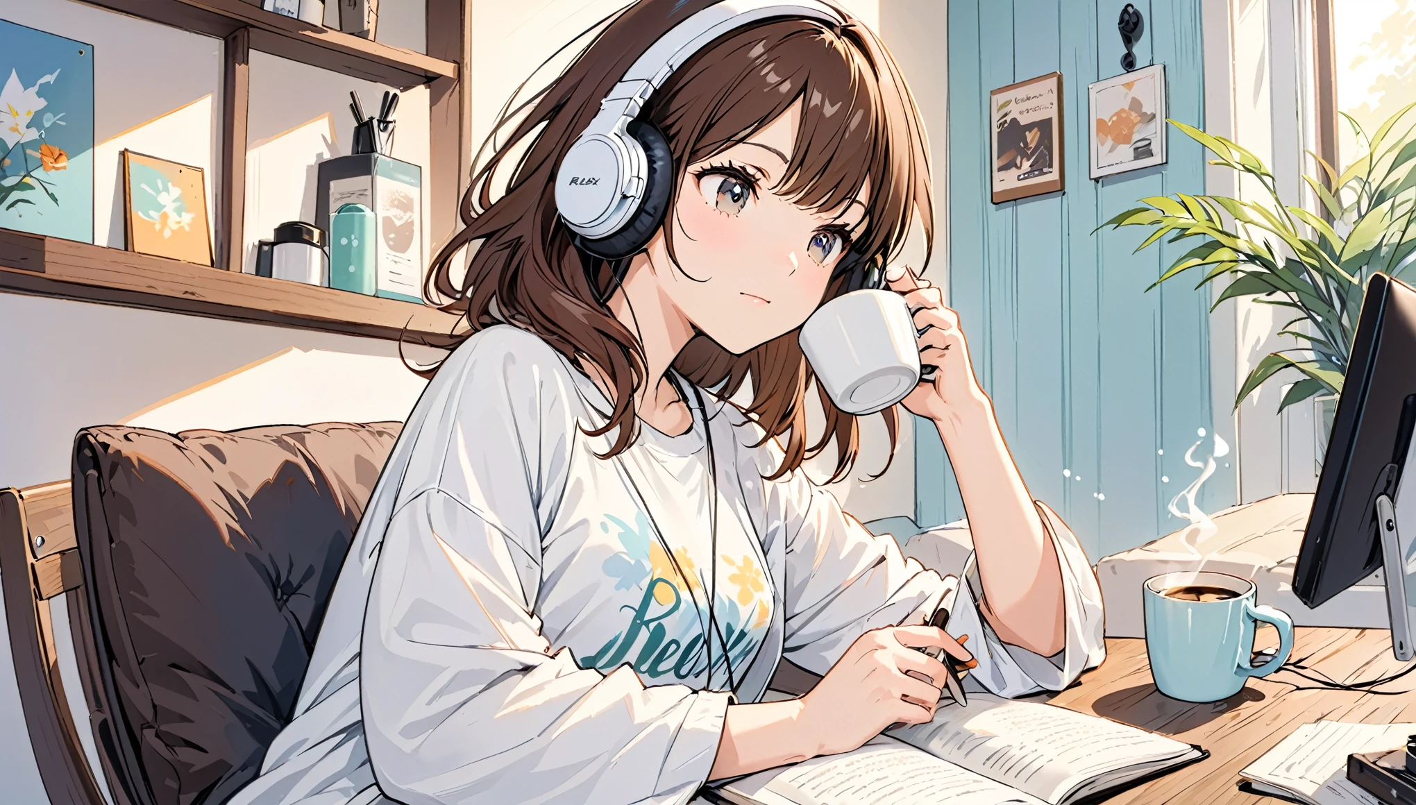 Girl wearing headphones,Drinking coffee from a mug while listening to jazz music,Brown Hair,relax