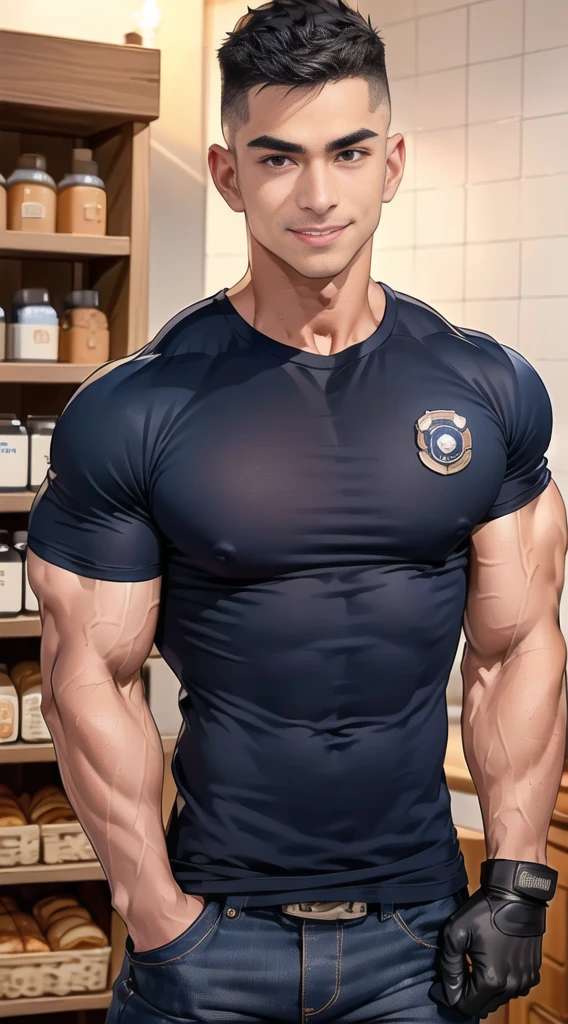 1 man,(Skinheads hairstyles) ,black eye,(Wear a fitted round neck t-shirt in navy with a police badge.:1.3),(fit neck),Navy blue jeans,(black_gloves), Korean guy,chest muscles,large arm muscles,blood vessel,Big muscles,Broad shoulders, smile, middle of the road,(full_shot:1.6),(In the bread shop:1.2),
