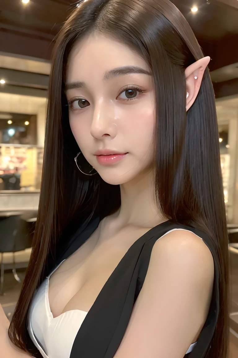 Selfie, Big , big ,(The ultra -The high-definition:1.5)(ultra-detailliert:1.3) (ultra-quality) (An ultra-high picture quality:1.5) (rialistic photo:1.3) A Japanese Lady　21years old　((detailed and beautiful faces:1.3)) ((realistic skin textures:1.3)) ((Precise, high-quality eyes:1.3)) ((The beauty of detailed and high quality ears, Very fair and  skin:1.3)) ((Beautifully groomed straight long hair:1.3))Complete body　beautiful proportion　(Thin sleeveless shirt in fabric)　The background is the inside of a cafe at dusk..　Beautiful, Luxurious and stylish interior　((Happy viewer's eyes)) Wet lips ajar　 Colossal 　unclear　kawaii