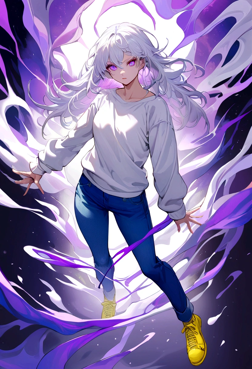 Youngh, 25 years of messy white hair, white sweatshirt. blue jeans , yellow shoe, purples eyes, purple psychic powers