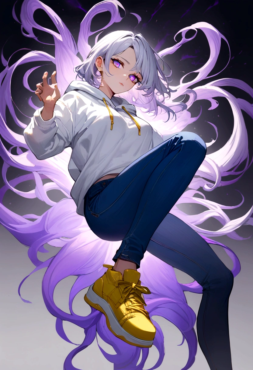 Youngh, 25 years of messy white hair, white sweatshirt. blue jeans , yellow shoe, purples eyes, purple psychic powers