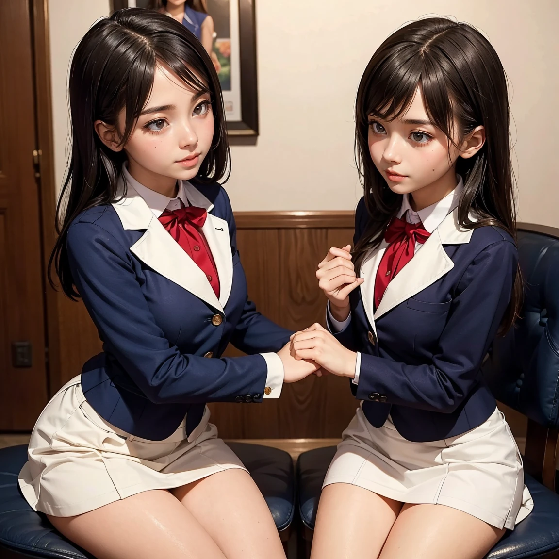 (masterpiece, best quality), perfect anatomy, perfect hands, two school girls are deeply in love with each other, dinner