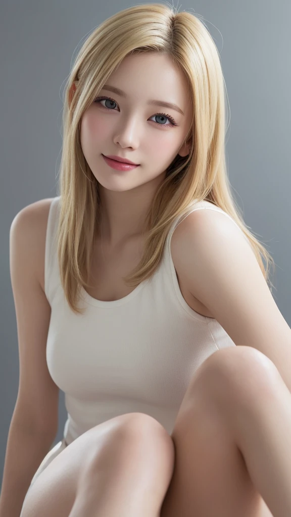 (((Blonde、White background)))、An innocent 18-year-old girl、((White tank top、Blonde、forehead、Dramatic Pose))、smile、Long Hair、White background、RAW Photos、(8K、Highest quality、masterpiece:1.2)、(Exquisite detail:1.4)、(Realistic:1.4)、Octane Rendering、Complex 3D rendering with ultra-detail、Studio Soft Light、Rim Light、Sharp details、Very detailed、Realistic skin texture、detailed aspects、Beautiful details、Very detailed CG Unity 16k 壁紙、Compensate、(Detailed Background:1.2)、Shiny skin、((Sit with your legs apart、Top-down angle))